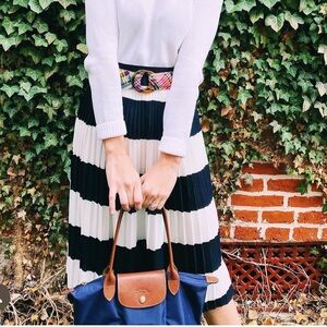 J Crew Navy Striped Pleated Midi skirt